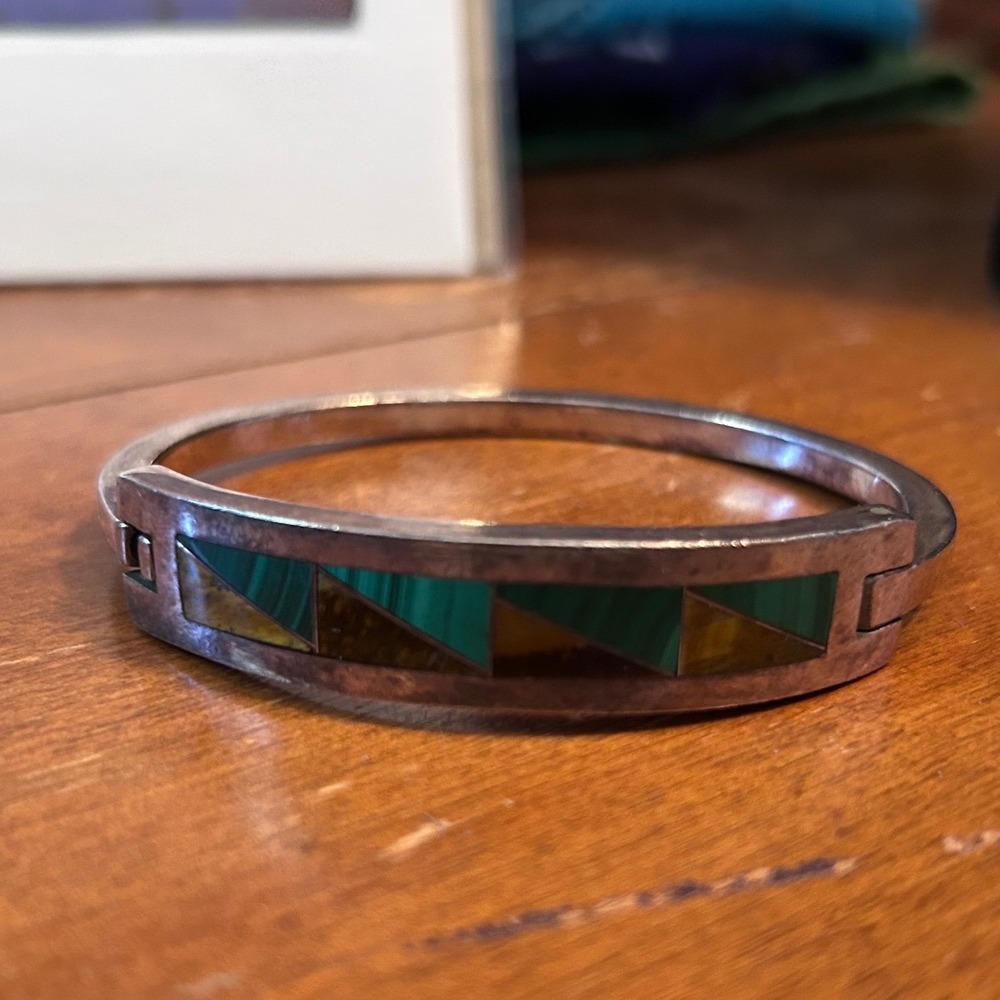 Taxco Mexico 925 Sterling Silver Malachite Tigers Eye Inlay Bangle TM-207